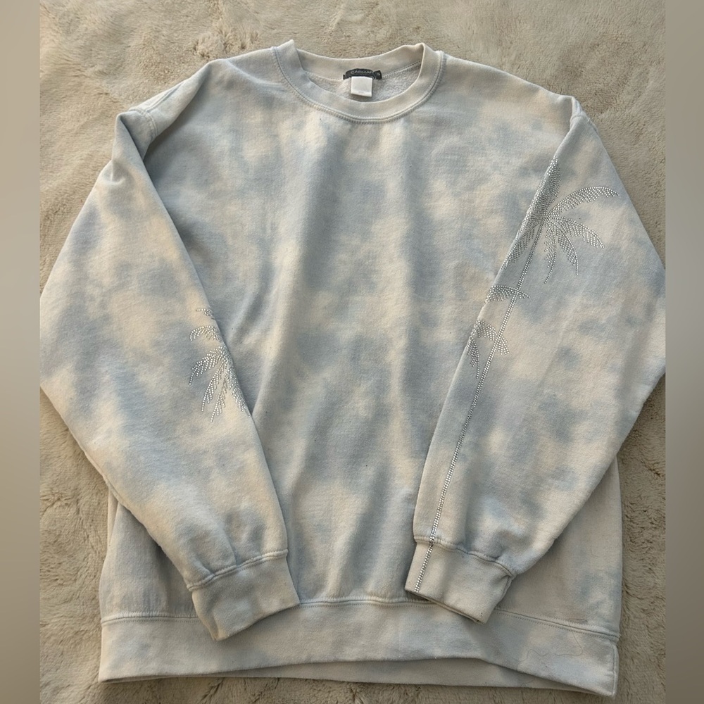 Light Blue Tie Dye sweatshirt with gem palm trees on the sleeves